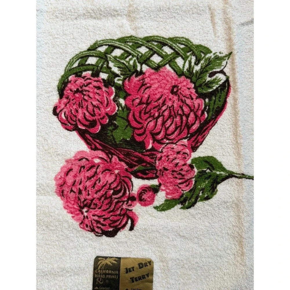 Vintage California Hand Prints Jet Dry Terry Hand Towel NEW Pink Peony